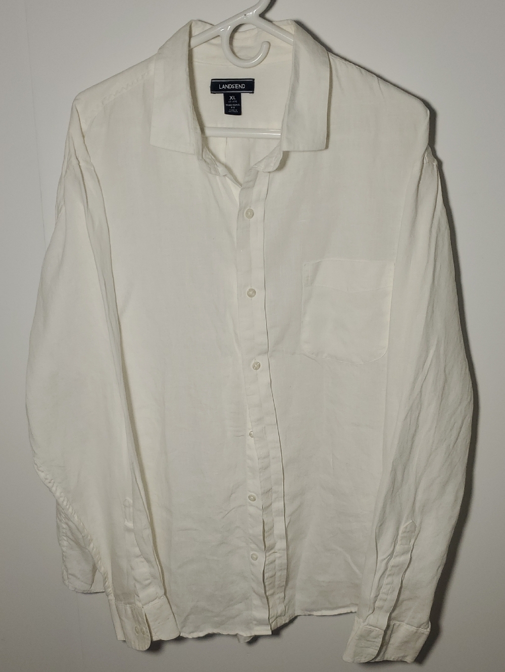 Lands' End Men's White Long-Sleeve Button-Down Linen Shirt Size XL 17-17.5